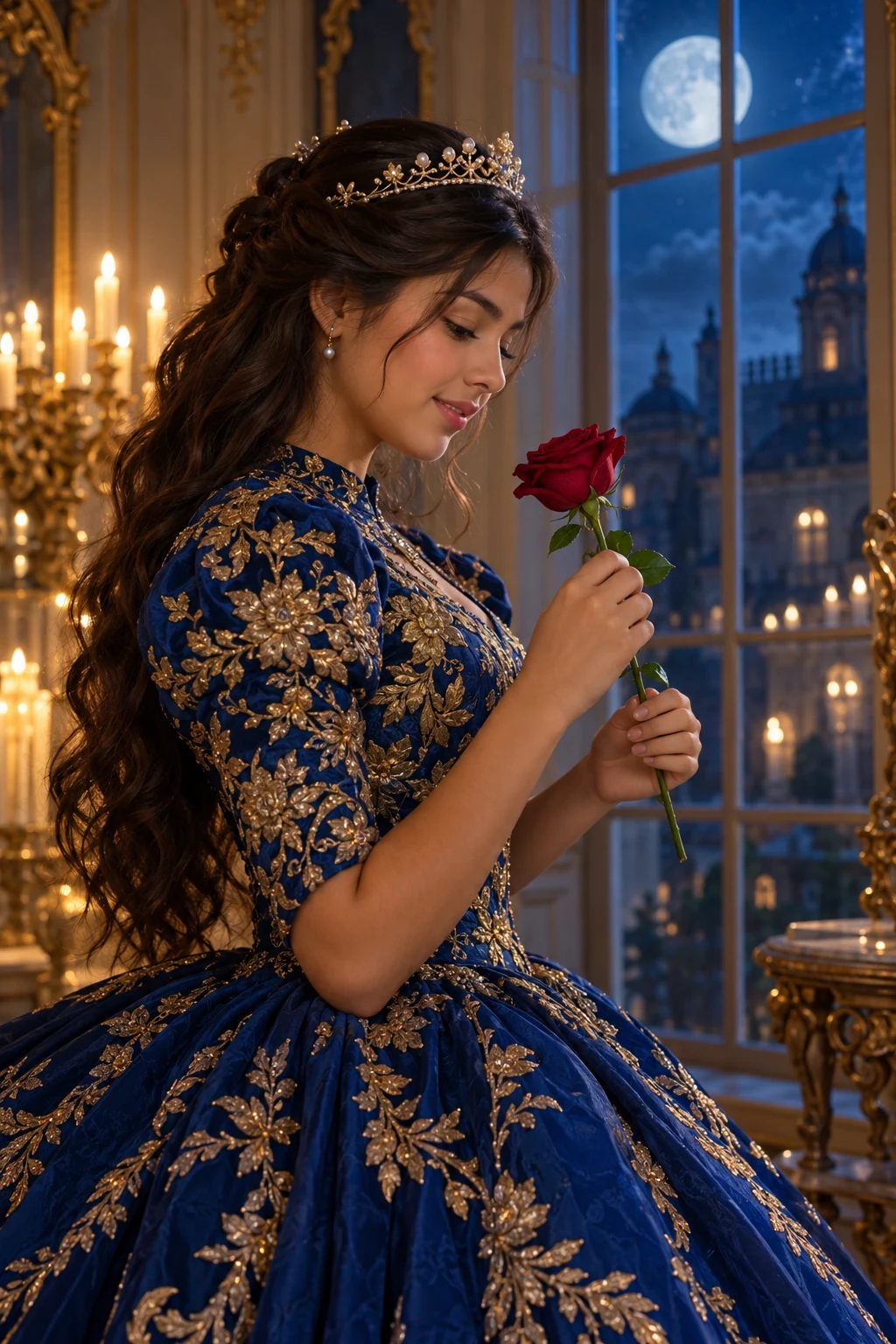 Retrato de Isabella junto a una ventana iluminada por la luna, sosteniendo una rosa roja