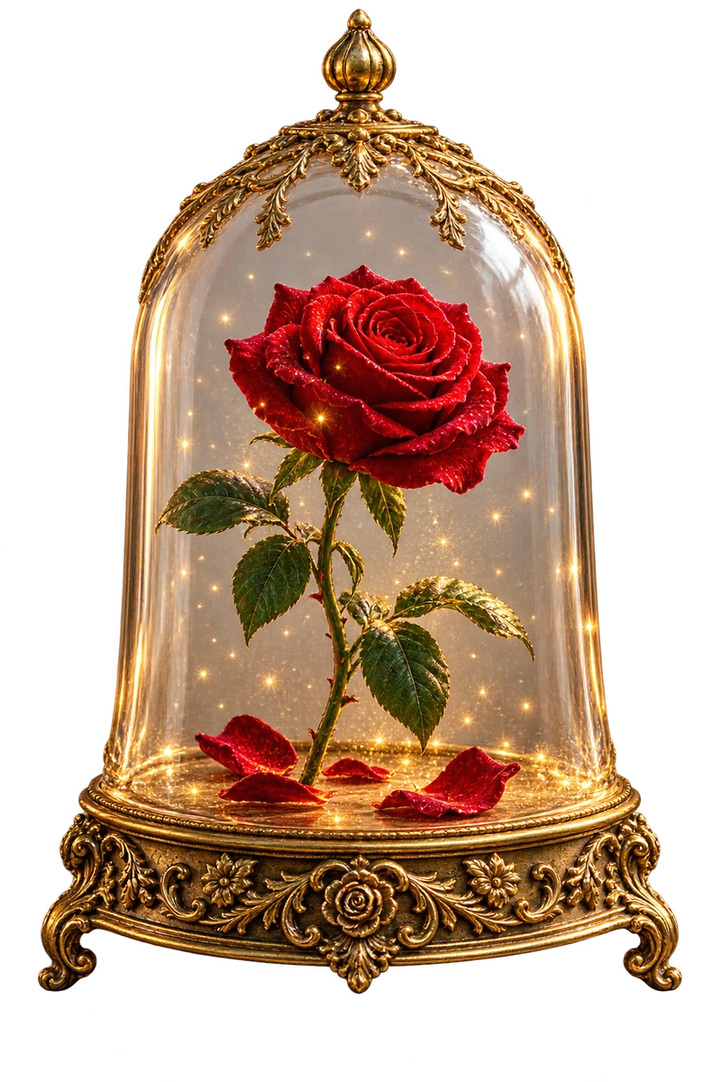 Una rosa roja encantada bajo una campana de cristal sobre una base dorada